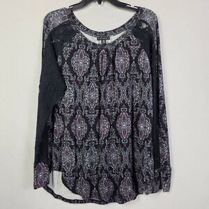 Tribal Printed Blouse Womens L Lace Sleeve